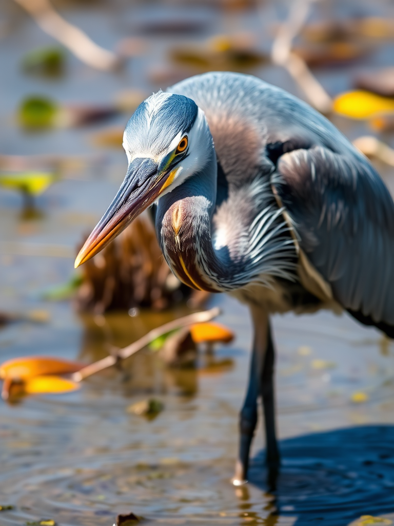 Capture a close-up of a great blue heron wading through a wetland, using a DSLR camera with a 200mm lens, aperture set to f/4, ISO 200, shutter speed 1/500s, in natural sunlight for enhanced clarity and vibrant colors.