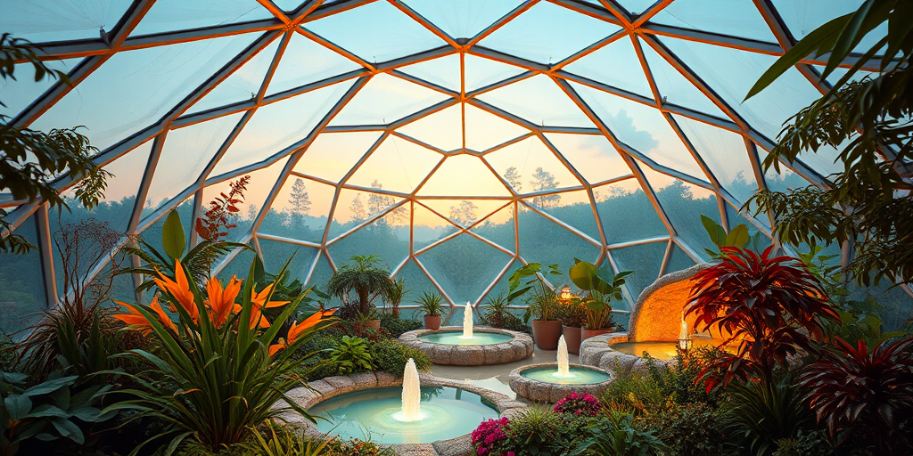 Create a futuristic indoor garden with a geodesic dome structure filled with vibrant plants and glowing water features, capture the scene with a Canon EOS R5, 24mm lens, f/1.8 aperture, ISO 100, and a golden hour lighting for enhanced warmth and depth.