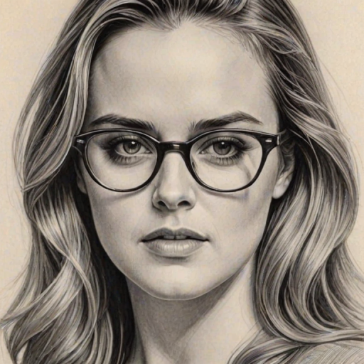 Ravishing Alicia Silverstone, pencil sketch, portrait of Bewitching woman 1962s in glasses, hair style beatnik, outline, clear lines, fine lines, 8k