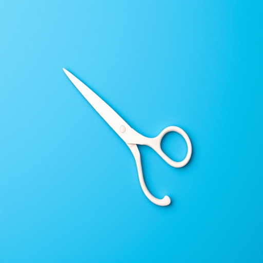 Create an image of a pair of white scissors against a solid blue background, using a DSLR camera with a 50mm lens, aperture set at f/2.8, ISO 100, in a top-down flat lay view, employing soft diffuse lighting for enhanced clarity and contrast.