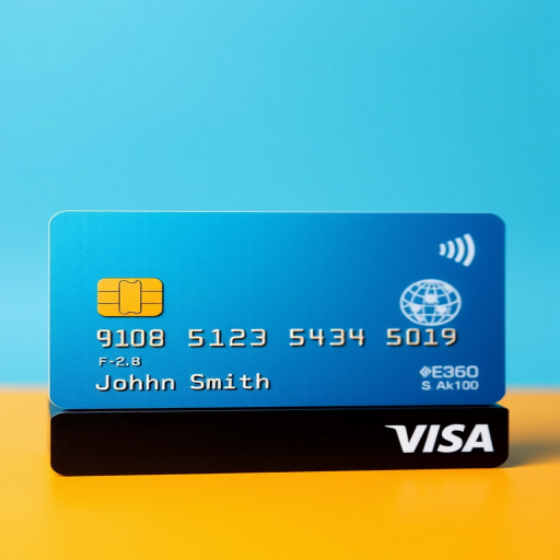 Create a high-resolution digital banking card image with a clean blue gradient background, showcasing a golden chip, the name "John Smith" in a bold font at the bottom left, and a logo with a globe on the right side, taken with a DSLR camera at f/2.8, 1/125s, ISO 100, 35mm focal length, with a shallow depth of field for enhanced focus on the card design.