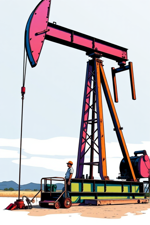Create a high-resolution illustration of an oil pump jack in a detailed graphic style with vibrant colors, using a DSLR camera at f/8 aperture, 50mm lens, 1/250s shutter speed, and a slight tilt to emphasize depth.