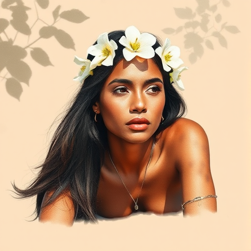 create a watercolor painting of an ethereal portrait of beautiful Aboriginal Australian woman with a simple white flower crown on her head. Her hair is long and she is lying on the ground. The sunlight on the trees casts shadows from the leaves on her face and body. The background is a neutral brown color that matches her skin tone. The image is minimalist and solid colors. This style is characterized by soft, delicate brushstrokes and a light, airy, contrasting color palette. High level of detail and play of light