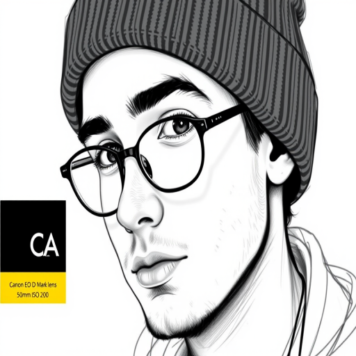 create a detailed digital sketch of a young man in a beanie and glasses, with a focus on clean lines and soft shading, using a Canon EOS 5D Mark IV, 50mm lens, f/1.8 aperture, ISO 200, in portrait mode for enhanced sharpness and depth of field.