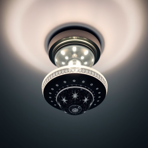 Create a high-resolution digital illustration of a ceiling light fixture in the shape of a UFO, with a starry pattern on its surface, using a DSLR camera with a 50mm lens, f/2.8 aperture, ISO 100, and a soft-focus background for an artistic effect.