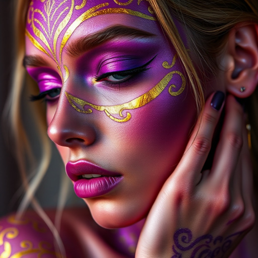 Create a close-up portrait of a model with intricate metallic body paint and artistic makeup, featuring vibrant purple and gold tones, with soft, ethereal lighting, shot with a Canon EOS R5 at 85mm f/1.2 aperture, using a shallow depth of field for background blur and enhanced color saturation.