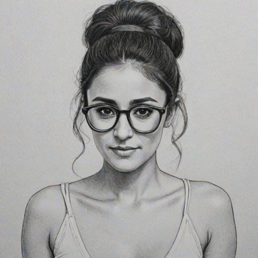 Captivating Emmanuelle Chriqui, pencil sketch, portrait of Sublime woman 1975s in glasses, hair style beatnik, outline, clear lines, fine lines, 8k