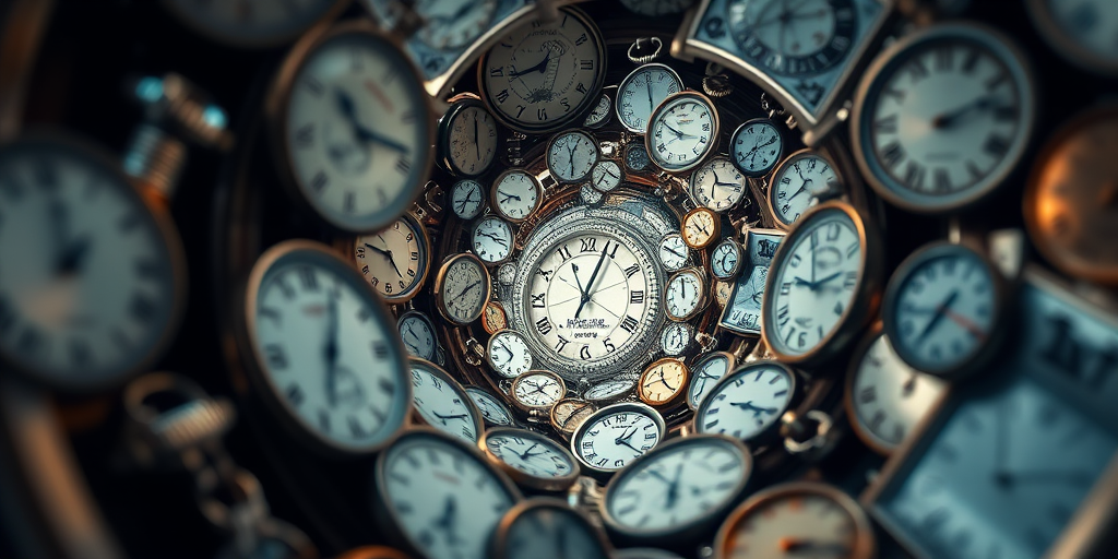 Create a surreal image of a swirling vortex of clocks and timepieces with intricate details, shot in macro view with a Canon EOS R5, using a f/2.8 aperture, ISO 100, and a 50mm lens for enhanced depth of field and clarity.