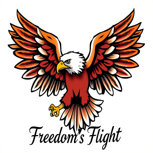 Traditional American tattoo design featuring a bold eagle with spread wings, incorporating bright primary colors and thick black outlines, dubbed "Freedom's Flight"