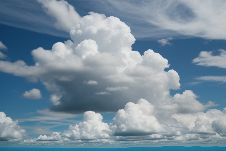 Fluffy White Clouds Floating Against a Bright Blue Sky Above Ocean