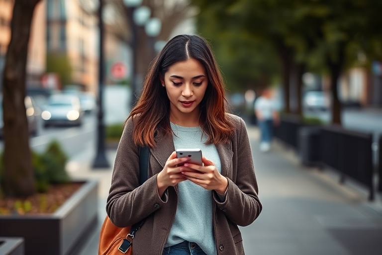 Generate a full-body portrait of a woman standing on a sidewalk, using a shallow depth of field to blur the background while she is focused on her smartphone, captured with a Canon EOS R5 at f/2.8, ISO 100, 1/400s, in natural daylight, with a slight warm tone to enhance colors and detail.