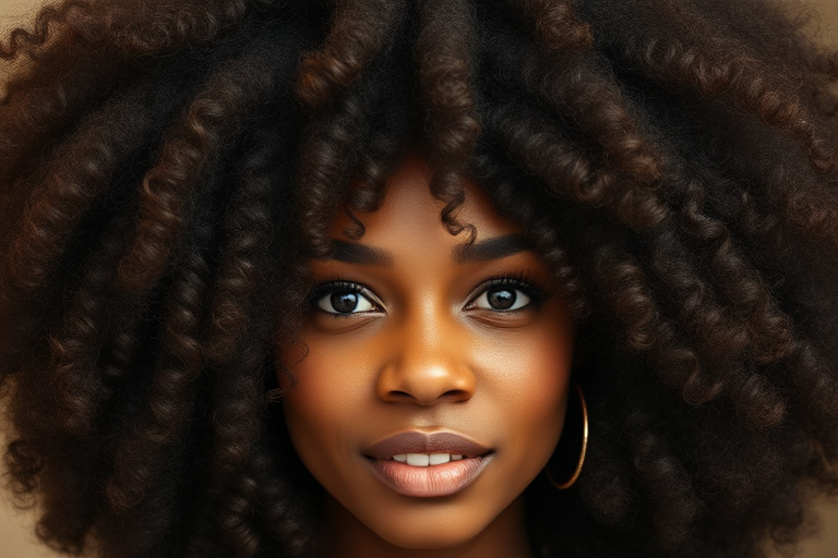 Voluminous curly afro with rich chocolate brown hues, perfectly defined coils framing the face, celebrating natural texture and embracing cultural heritage