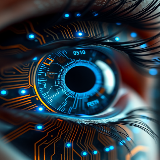 High-resolution close-up of a futuristic eye design featuring intricate digital circuits and glowing blue elements, taken with a Canon EOS R5, 50mm lens, f/1.8 aperture, ISO 100, 1/200 sec shutter speed, with a macro camera view and vibrant color enhancement for clarity.