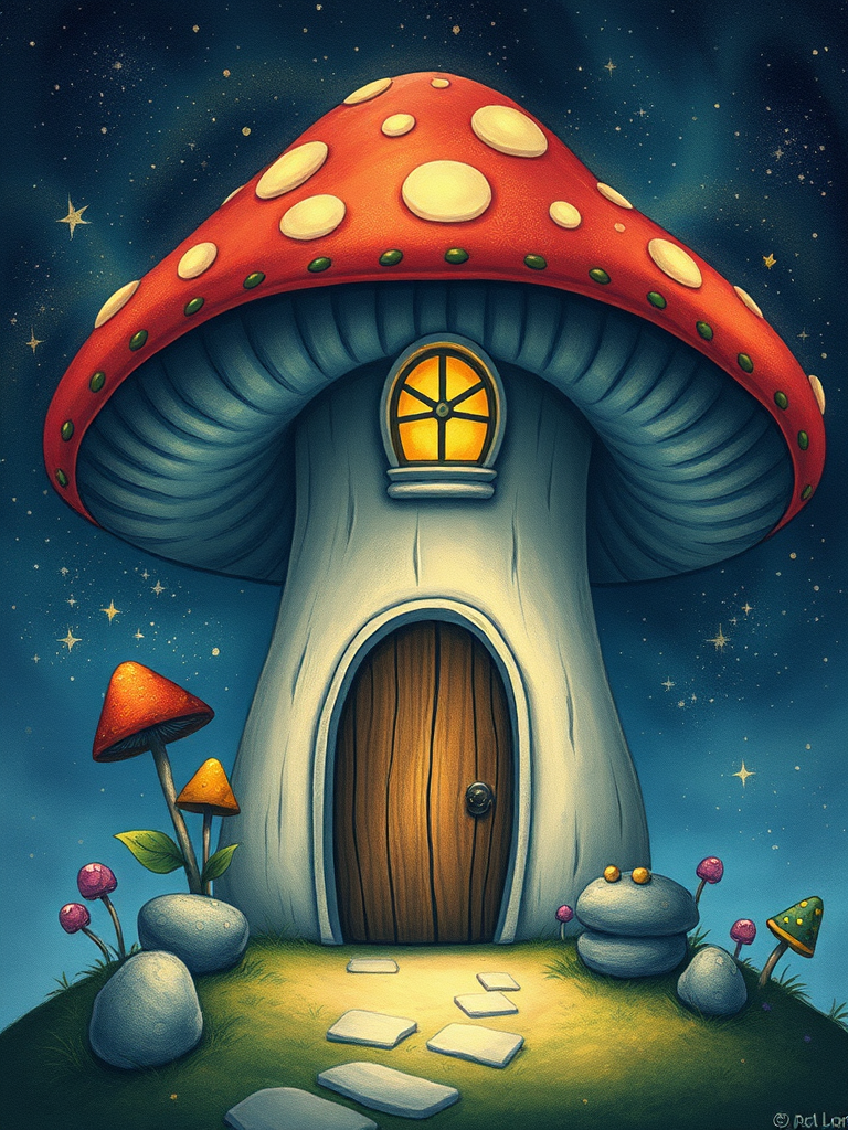 this photo is illustration of a mushroom house with a door and a window, a storybook , fantasy art, mushroom house, bg starry sky, sparkles