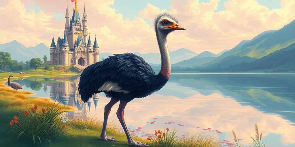 create a highly detailed illustration of a majestic ostrich standing by a serene lake, with a whimsical castle in the background, vibrant colors, soft lighting, wide-angle lens, aperture f/4, ISO 100, digital painting style