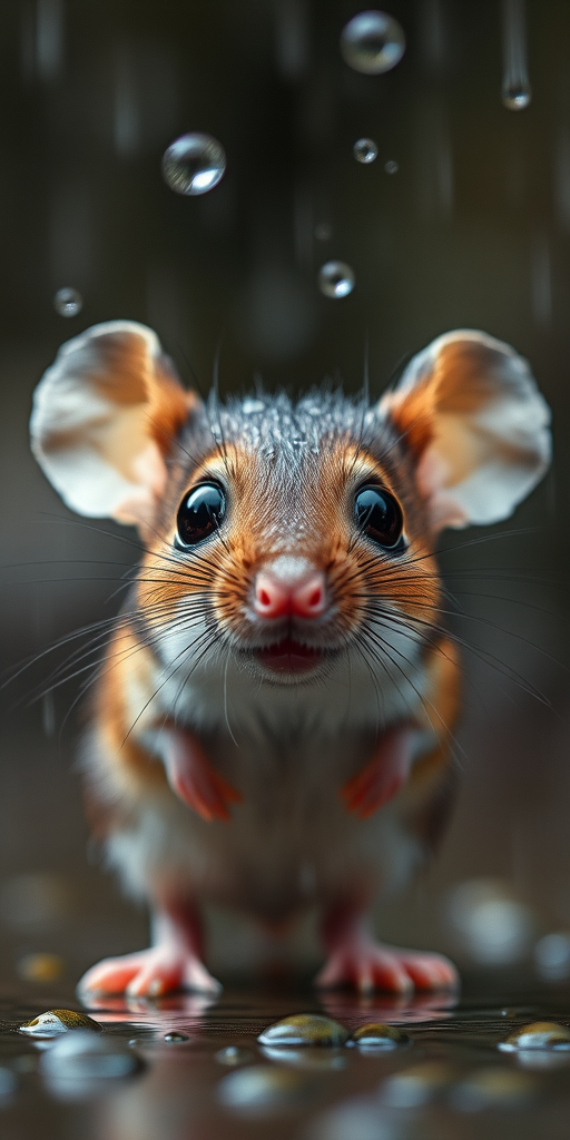 a close-up shot of a wet, cute mouse with large eyes, standing under heavy rain with water droplets splashing, using a Canon EOS R5 with a 100mm f/2.8 macro lens, aperture set to f/4, ISO 200, shutter speed 1/250 sec, in soft natural light with a shallow depth of field for enhanced image quality