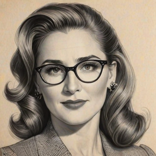 Magnificent Peri Gilpin, pencil sketch, portrait of Dazzling woman 1938s in glasses, hair style beatnik, outline, clear lines, fine lines, 8k