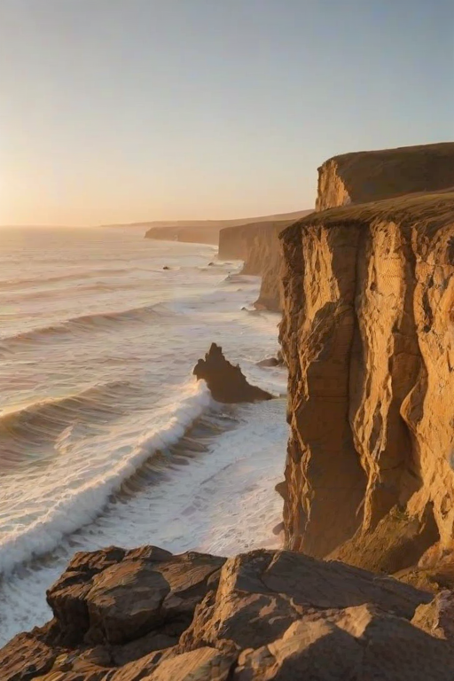 Soft-focus image of a solitary figure standing on a cliff overlooking the ocean at sunrise, soft golden light illuminating the waves crashing against the rocks below.