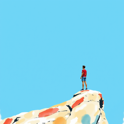 Create a minimalist illustration of a person standing on a rock with a bright blue sky, using soft watercolors, DSLR camera, f/8 aperture, ISO 100, 50mm lens, side view, natural lighting for a vibrant look.