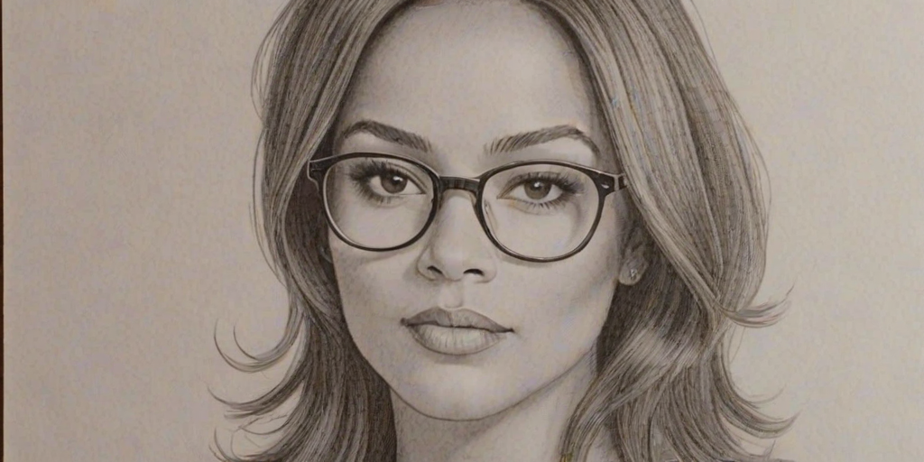 Gorgeous Tammy Townsend, pencil sketch, portrait of Stunning woman 1968s in glasses, hair style beatnik, outline, clear lines, fine lines, 8k