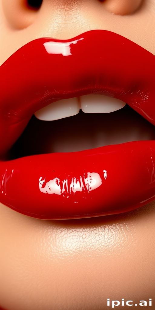 Glossy cherry red lips with a vinyl-like shine, bold and classic, reminiscent of old Hollywood glamour and timeless beauty