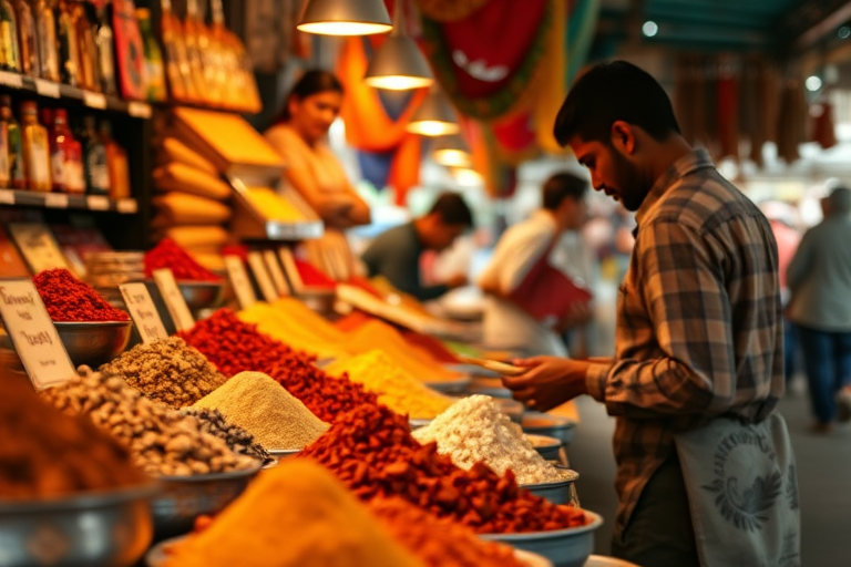 Capture a vibrant market scene with a focus on a spice stall, using a Canon EOS R5, ISO 400, aperture f/2.8, shutter speed 1/60s, 35mm lens, natural light, shallow depth of field, emphasizing the rich colors and textures of the spices and the interaction of a person browsing.