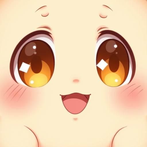 Create an illustration of a cute anime face with large, sparkling eyes featuring orange highlights. The face should have rosy cheeks and convey a joyful, lively expression. The style should be bright and cheerful, capturing the essence of kawaii art.