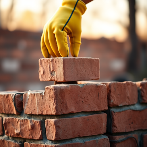 Generate an image of a hand wearing a yellow glove placing a brick on top of a partially constructed brick wall. The background should feature a warm, softly lit environment, highlighting the texture of the bricks and the hand's action.