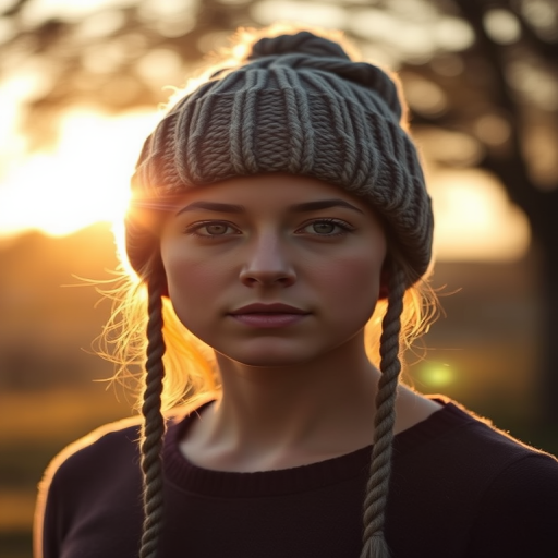 portrait of a person wearing a knitted hat standing against a sunlit background with soft bokeh effect, shot with a DSLR camera at f/2.8, ISO 100, 50mm lens, natural light in golden hour for enhanced warmth and clarity