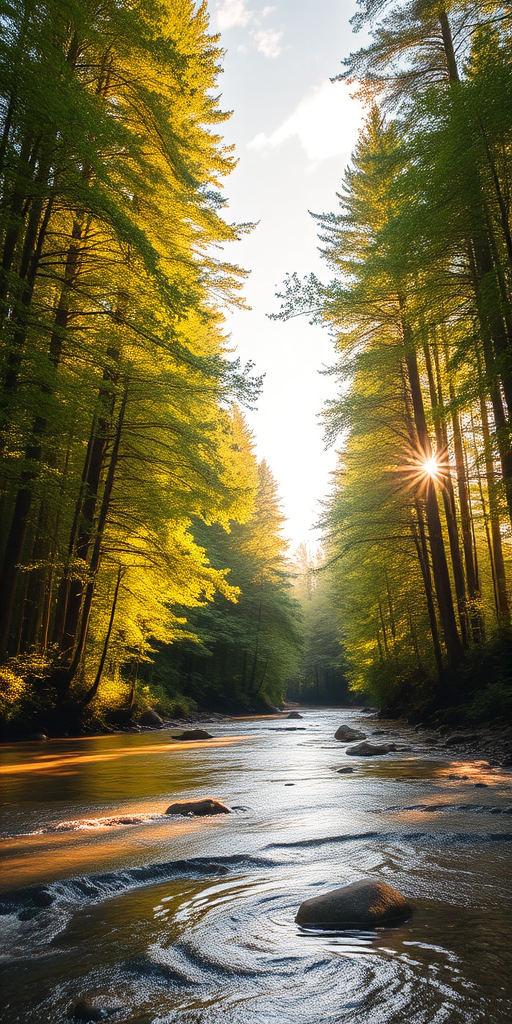 Create an image of a serene, sunlit forest scene with a clear, gently flowing river. Tall trees with lush green foliage line both sides of the river, their leaves bathed in the warm golden light of the setting or rising sun. The sunlight filters through the trees, casting soft, dappled light on the river, which flows over smooth rocks and pebbles, creating a peaceful, natural atmosphere. The sky is bright with a few scattered clouds, and the overall mood is tranquil, evoking a deep sense of connection with nature. The image captures the beauty of a calm, pristine forest landscape at either dawn or dusk.