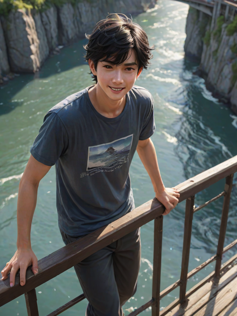 natural lighting, windy, male focus, leaning back, black hair, floating hair, shirt, pants, smiling, 1boy, CandiBRIDGE, bridge, railing, from above, scenery, intricately detailed illustration, depth of field, atmospheric perspective, realistic shading