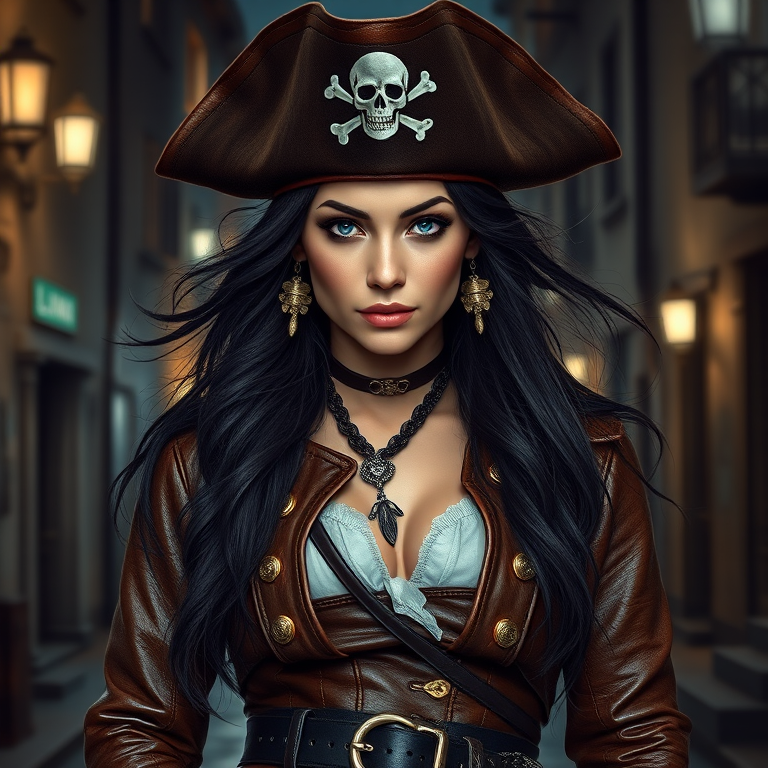 Create a portrait of a fierce female pirate. She wears a leather tricorn hat adorned with a skull and crossbones emblem, and her long, dark hair flows around her face. Her outfit consists of a richly detailed leather jacket, a corset, and multiple layers of belts and accessories, giving her a formidable and stylish appearance. She stands confidently in a dimly lit, historic port town, with a backdrop of weathered buildings and cobblestone streets, capturing the adventurous spirit of a pirate.