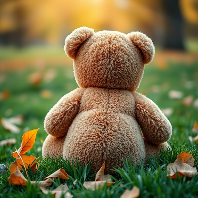 Create a high-quality image of a plush teddy bear sitting on green grass, with autumn leaves scattered around, viewed from a low angle to emphasize its back, using a DSLR camera, aperture f/2.8, shutter speed 1/200s, ISO 100, and a bokeh effect for a soft background.