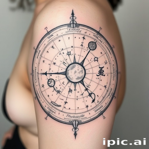 Illustrative fine line tattoo called "Celestial Cartography" depicting a detailed star map with constellations and zodiac symbols using delicate black lines and subtle gray shading