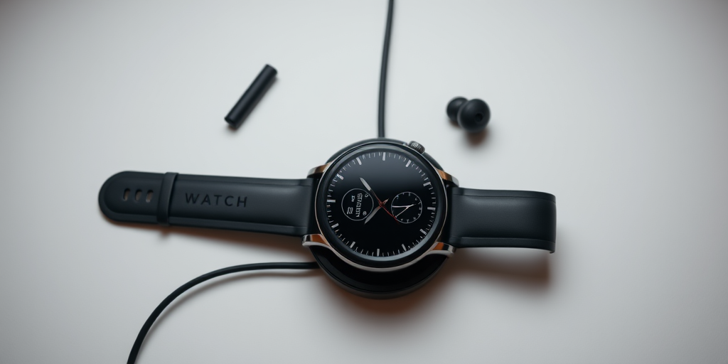High-resolution product shot of a smartwatch charging with earbuds, top-down view, 50mm lens, f/2.8 aperture, 1/60s shutter speed, ISO 100, soft diffused lighting to eliminate shadows, studio setting.