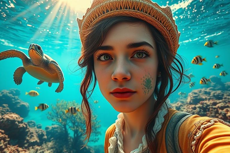Realistic selfie image of a Circassian, wearing a vintage outfit, detailed dreamy eyes, droopy hooded eyes, staring at the camera, taken underwater at coral reef with a sunbeam filtering through the water, vibrant, summer vacation, natural lighting, turtle and school of tropical fish with vibrant colors, rendered in the style of CryEngine, Pegi Nicol MacLeod, with realistic genre scenes, hauntingly beautiful narratives, ultra-realism, and Thomas Saliot's close-up technique, 8K resolution, crystal clear and sparkling water.