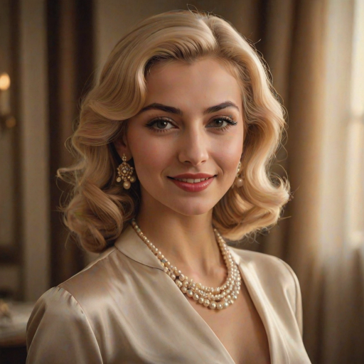 A beautiful Sephardic woman reminiscent of 1950s Hollywood glamour, with perfectly styled blonde hair and a seductive smile, dressed in a satin blouse and adorned with pearls, soft and warm tones, photorealistic, 8K
