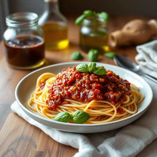 a plate of spaghetti with bolognese sauce and fresh basil, with a glass jar of olive oil and a spoon on a wooden table, soft natural lighting, aperture f/2.8, shutter speed 1/60s, 50mm lens, DSLR camera, focus on the pasta with a blurred background