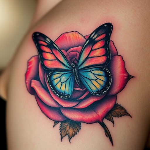 Realistic 3D tattoo titled "Hyperrealism Illusion" depicting a lifelike butterfly perched on a photorealistic rose, with incredible depth and shadow details that make it appear to come alive on the skin