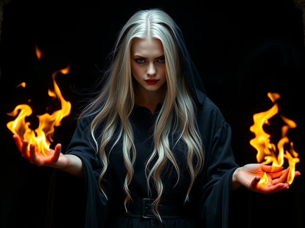Create a high-resolution image of a sorceress with long silver hair in a black robe, holding flames in her hands, shot with a Canon EOS R5 at f/2.8, ISO 100, 1/200 sec, with a shallow depth of field, front view, and dramatic lighting to enhance the mystical atmosphere.