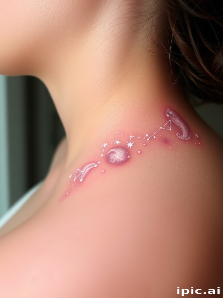 Ethereal white ink tattoo titled "Celestial Whisper" depicting a constellation of delicate stars and swirling nebulae, barely visible against the skin, creating a subtle and dreamy effect that appears to shimmer and change with movement and light
