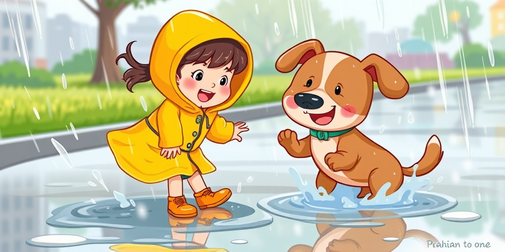 Create a vibrant illustration of a girl in a yellow raincoat joyfully splashing in puddles with her brown dog on a rainy day, captured with a Canon EOS R5 at f/4.0, 1/250s, ISO 100, 24mm lens, bright colors and clear details, in a playful cartoon style.