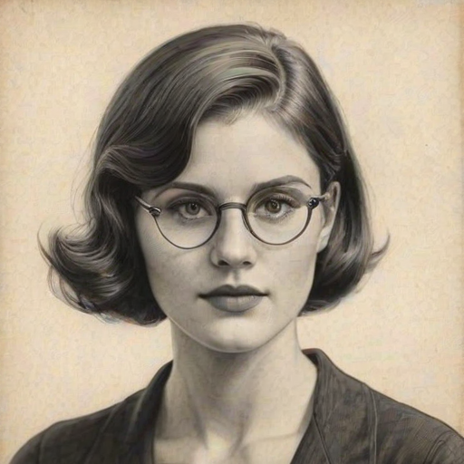 Comely Hannah Arterton, pencil sketch, portrait of Appealing woman 1932s in glasses, hair style beatnik, outline, clear lines, fine lines, 8k