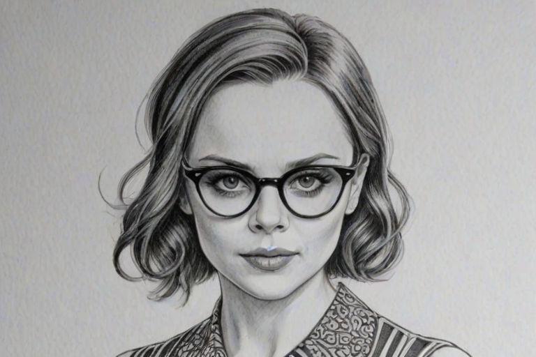 Bewitching Christina Ricci, pencil sketch, portrait of Dazzling woman 1953s in glasses, hair style beatnik, outline, clear lines, fine lines, 8k