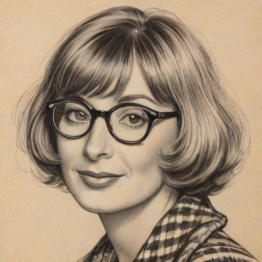 Radiant Penny Marshall, pencil sketch, portrait of Beauteous woman 1927s in glasses, hair style beatnik, outline, clear lines, fine lines, 8k