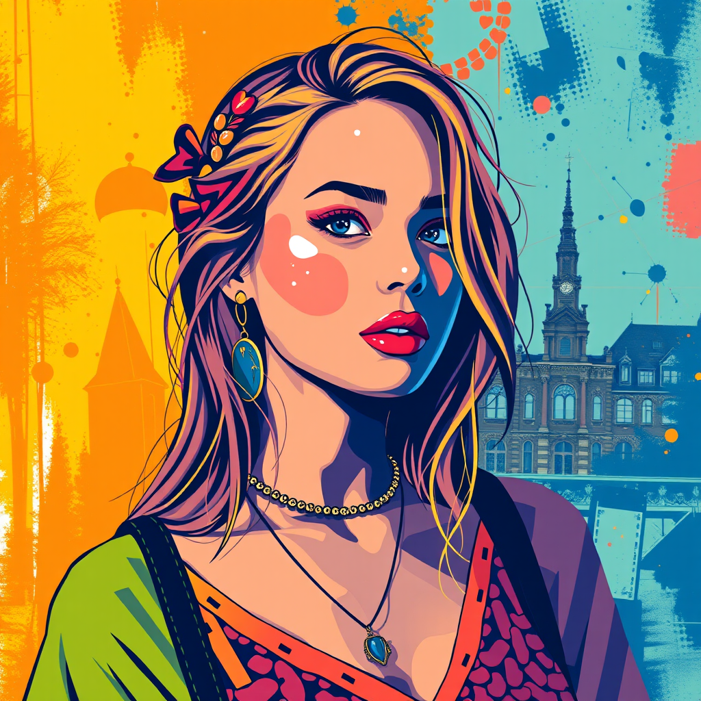 A vibrant artwork blending bohemian style with edgy street art, featuring a young Swedish woman. The design mixes vibrant colors with the modern Disney-inspired style, echoing Roy Lichtenstein's pop art. The overall mood is optimistic and trendy, with elements of Johannes Vermeer’s classic elegance, combined with the geometric abstraction of crystal cubism. add Stockholm silhouette
