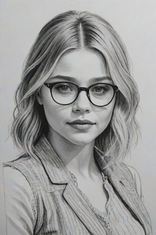 Pleasing Chloe Grace Moretz, pencil sketch, portrait of Ravishing woman 1928s in glasses, hair style beatnik, outline, clear lines, fine lines, 8k