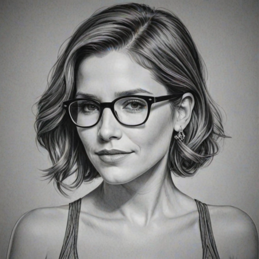 Alluring Sophia Bush, pencil sketch, portrait of Stunning woman 1932s in glasses, hair style beatnik, outline, clear lines, fine lines, 8k