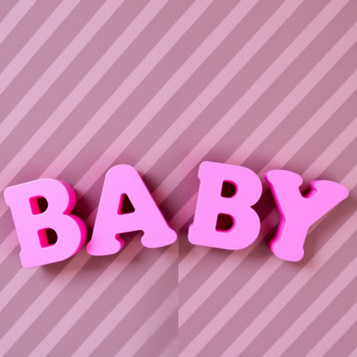 Create an image of the word "BABY" in large, playful pink letters against a diagonal diamond pattern background, using a DSLR camera with a 50mm lens, aperture set at f/2.8, ISO 100, and a top-down view for enhanced clarity and color vibrancy.