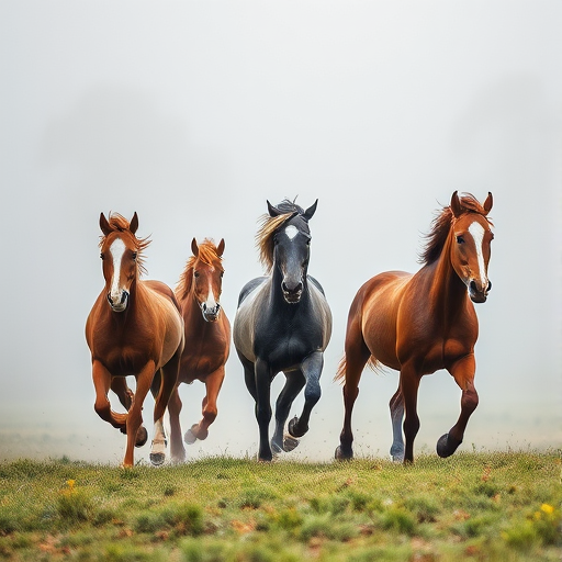 Generate a high-resolution watercolor painting of five horses running through a misty landscape, captured with a Canon EOS R5, 50mm f/1.2 lens, aperture set to f/2.8, ISO 100, at a low angle to enhance perspective and depth.